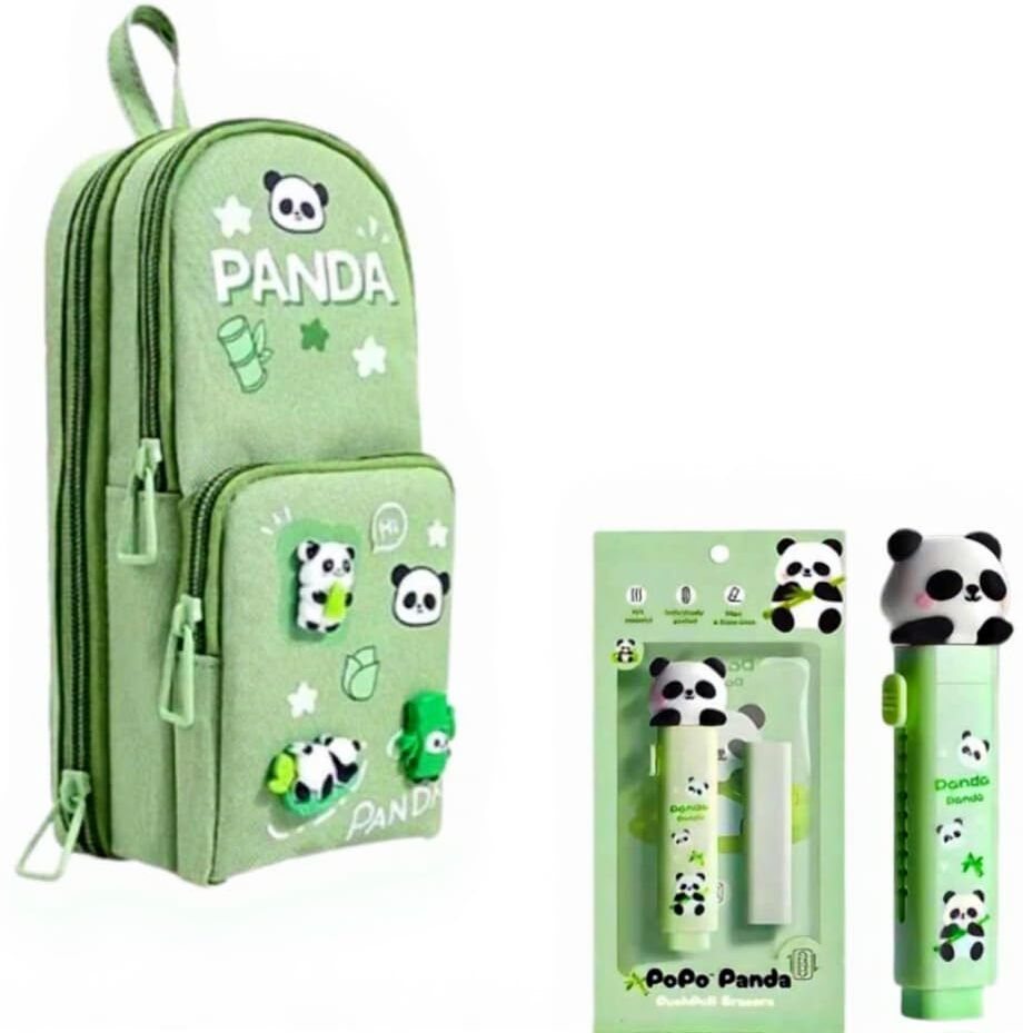 Cute Sweet Pencil Pouch with Push Pull Eraser Set for Girls Three Compartment Stationary Case & Sliding Eraser Combo Gift Art Canvas Pencil Box-image-11