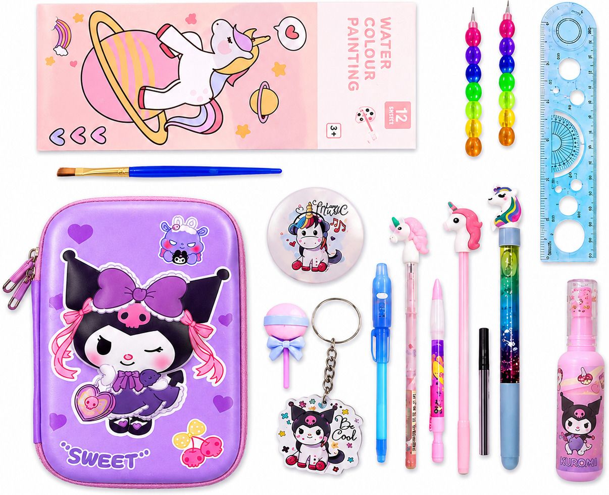 KuromiPouch With Stationery Pen Pencil Combo Stationery Supplies Pack For Kids 1 Art EVA Pencil Box-image-28