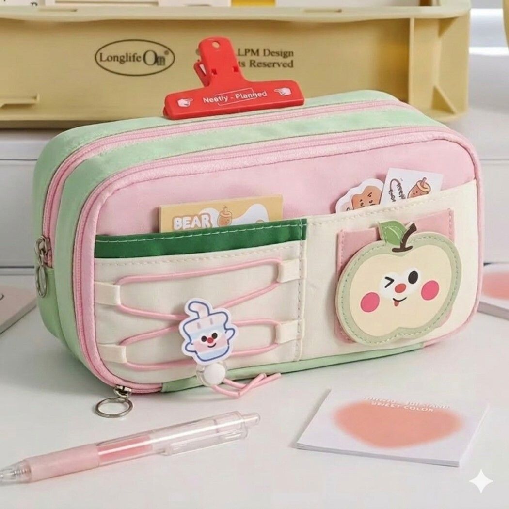 mashkur stationery Kawaii High-Capacity Pencil Case, 3-Layer Aesthetic Stationery Organizer Bag with Mesh Pocket, Large 22cm Canvas Pouch, Includes 2 Bonus DIY Brooches, MS75.0 Art Polyester Pencil Box-picture-13