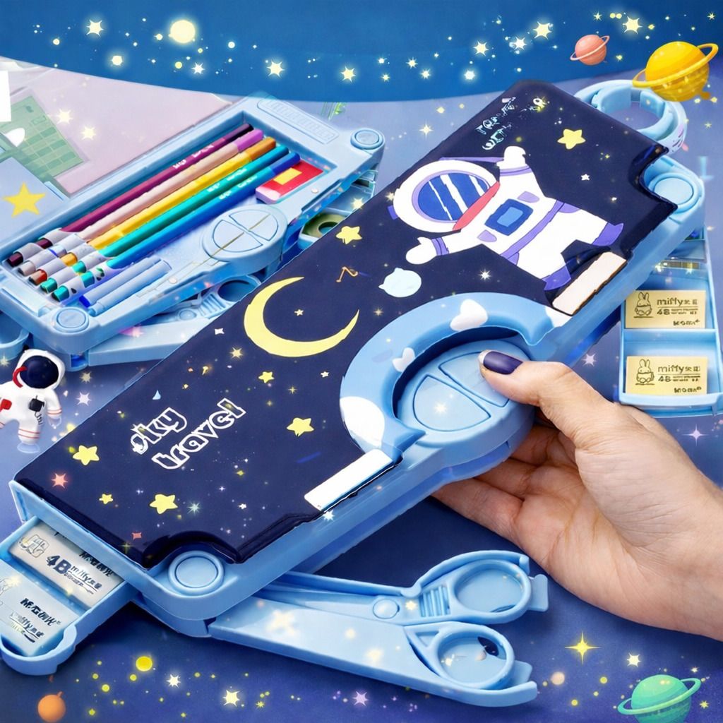 Premium Quality Stationery Pencil Box Combo with integrated scissors, tape Space Traveller Art Polypropylene Pencil Box-image-44