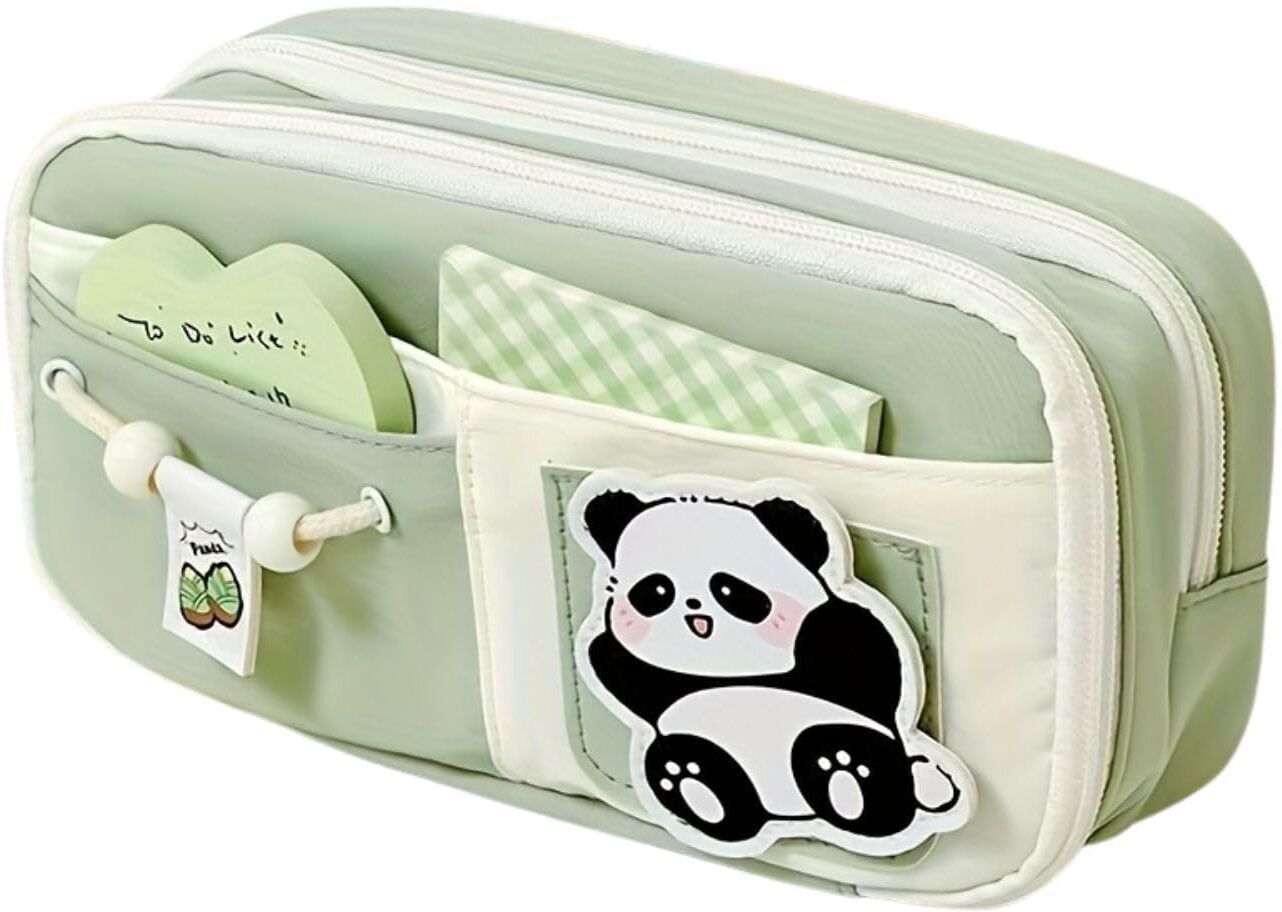priyumart Panda Print Sage Green Collection Panda Prin, Cartoon Design, Cute Patch, Gingham Pocket Detail Art Polyester Pencil Box-picture-28