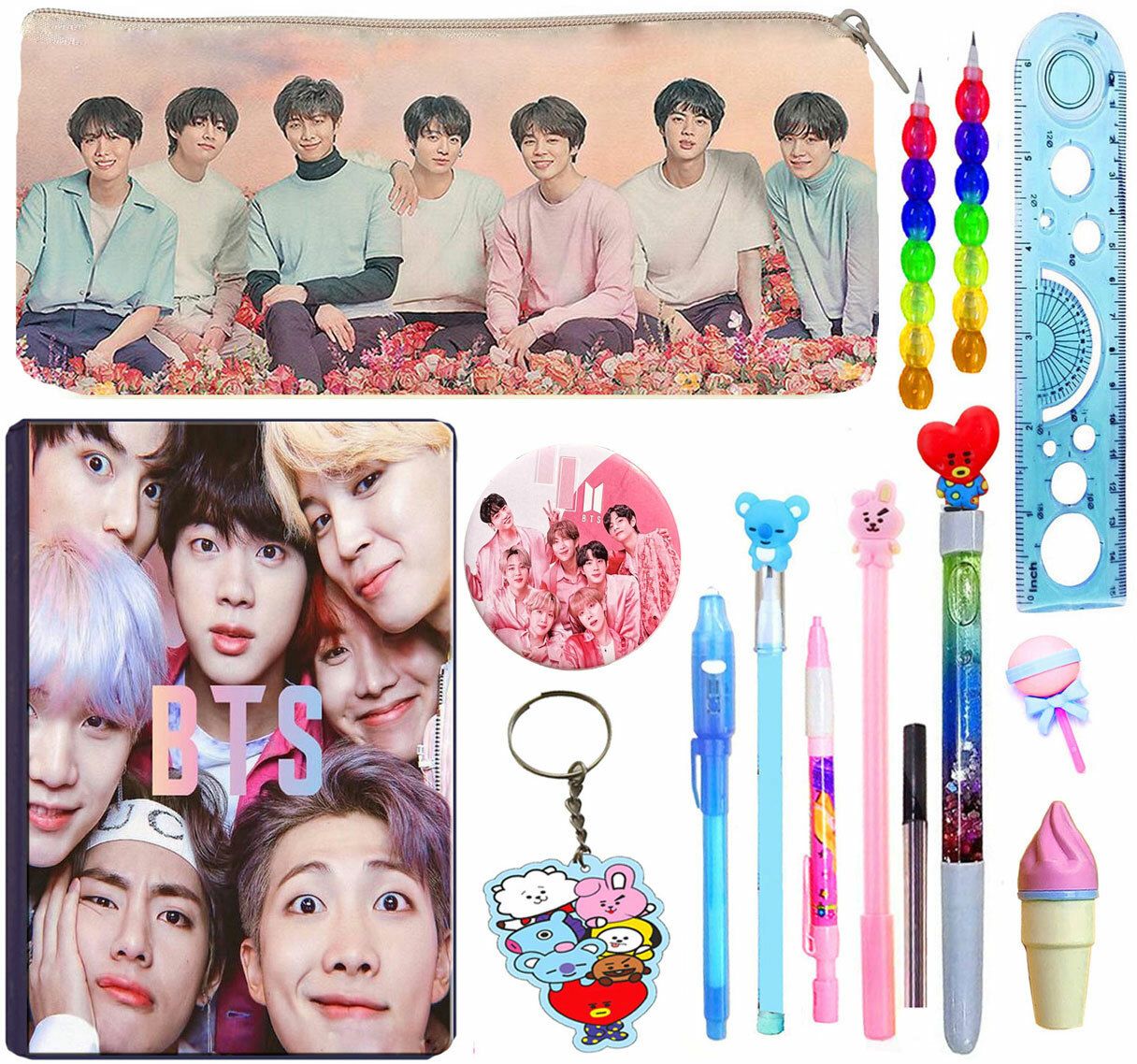BTS Collection Pencil Pouch for Kids BTS Pouches for Boys Pencil Box with All BTS Stationery Items for Girls BTS Stationery Gift for Kids 15pcs Combo Set Art Canvas Pencil Box-image-17