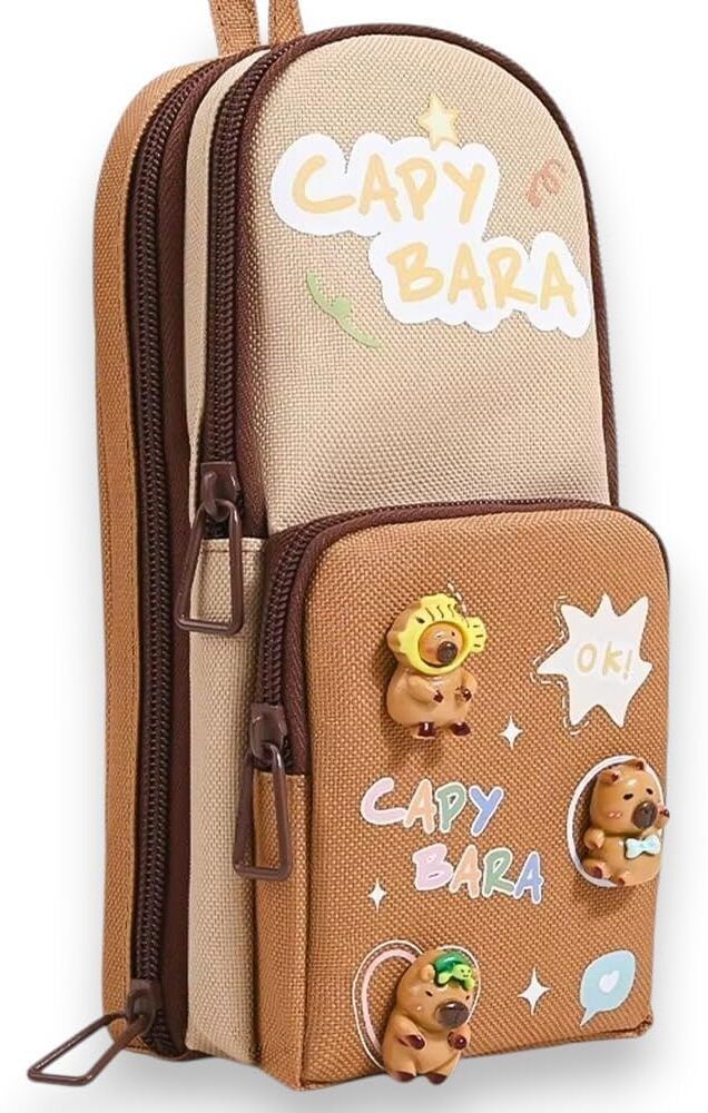 Capybara Cartoon Pencil Bag with 3D Decorative Figures | Spacious School Stationery Organizer Art Polyester Pencil Box-image-41