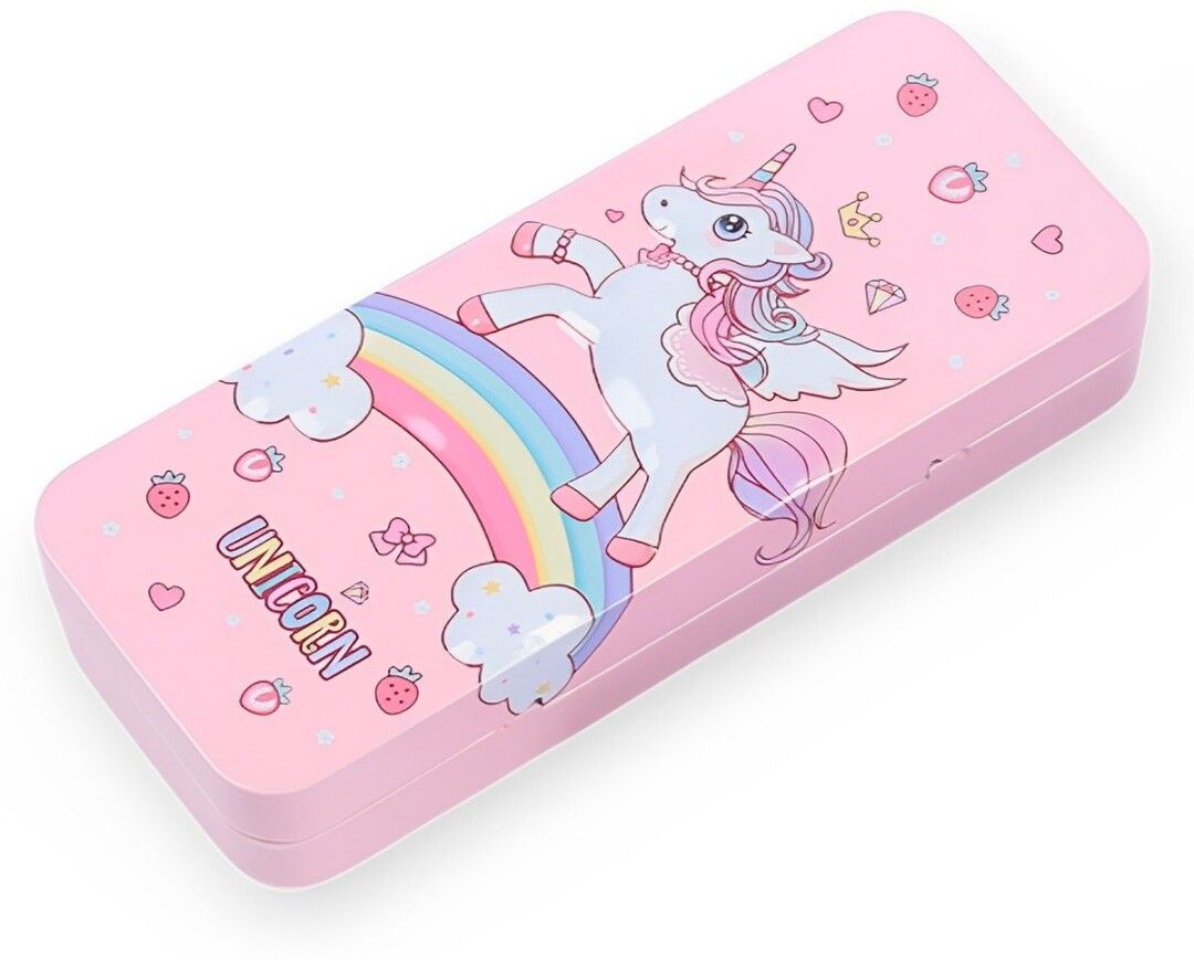 tlismi 3D Cute Unicorn Theme Embossed Dual Layer Metal Pencil Box with Mini Stationery Holder Box Cartoon Art Metal Pencil Box-picture-23