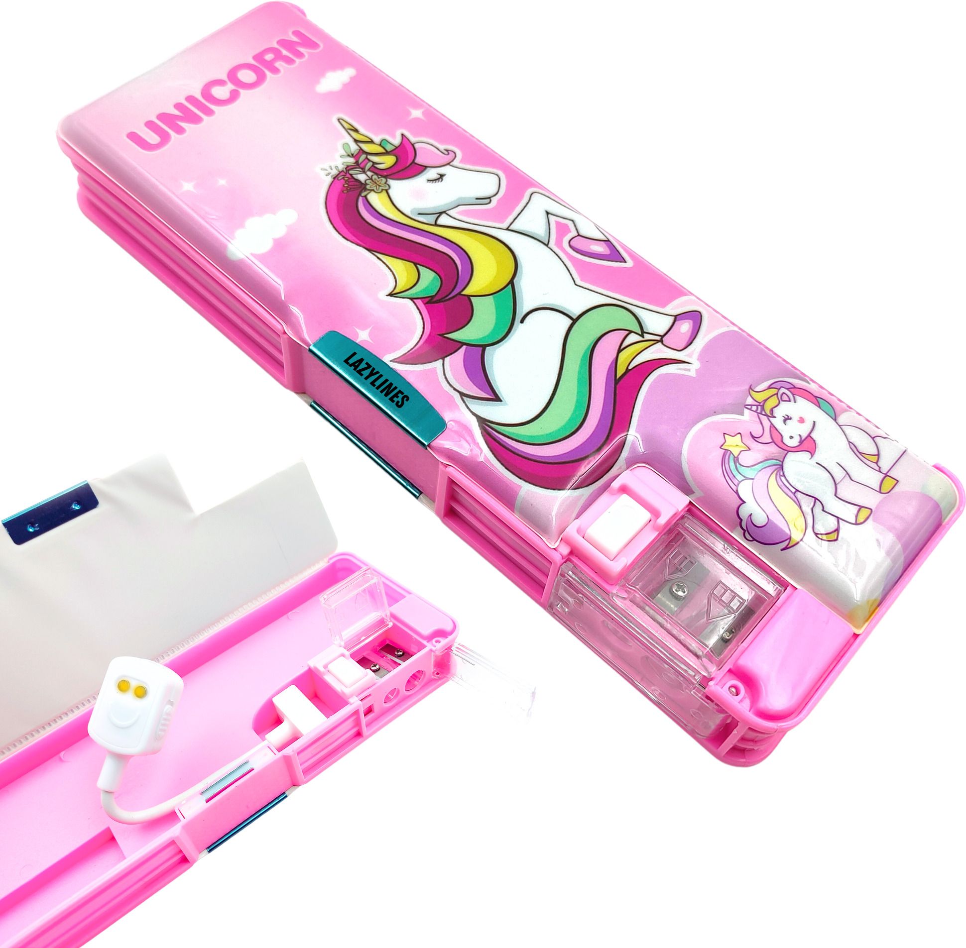 Inbuilt LED Light & Sharpener Pencil Box for Birthday Return Gift Dual Compartment and Magnetic Lock, Unicorn Art Plastic Pencil Box-image-39