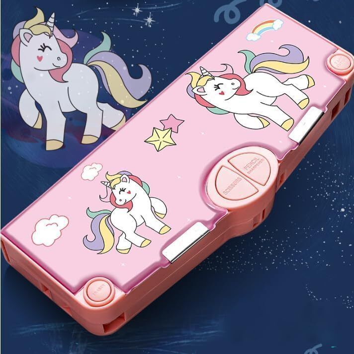 Unicorn Theme Magnetic Pencil case Pencil Box for Kids/Unicorn Pencil Box for Boy & Girls/Stationery Box, Buttons Operated Pencil Box for Kids Return Gift set Art Plastic Pencil Box-image-45