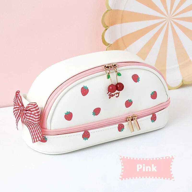 giggles world Cute Strawberry Print Pencil Case for Girls | Dual Zipper Storage Pouch Box makeup Art Artificial Leather Pencil Box-picture-41