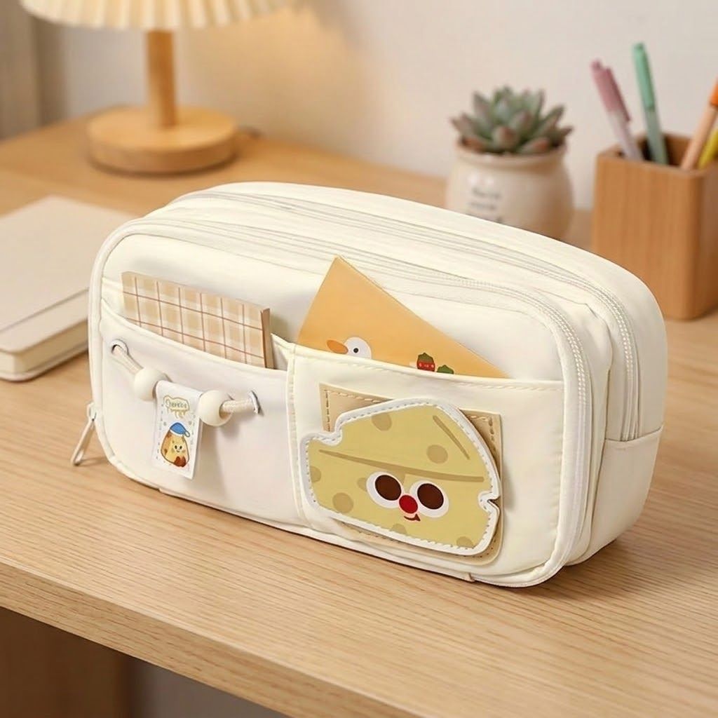 krisheet Pencil Pouch for Girls -Multiple Compartment Zipper Pouch With Drawstring Pocket Cute Cheese Cartoon Art Canvas Pencil Box-picture-2