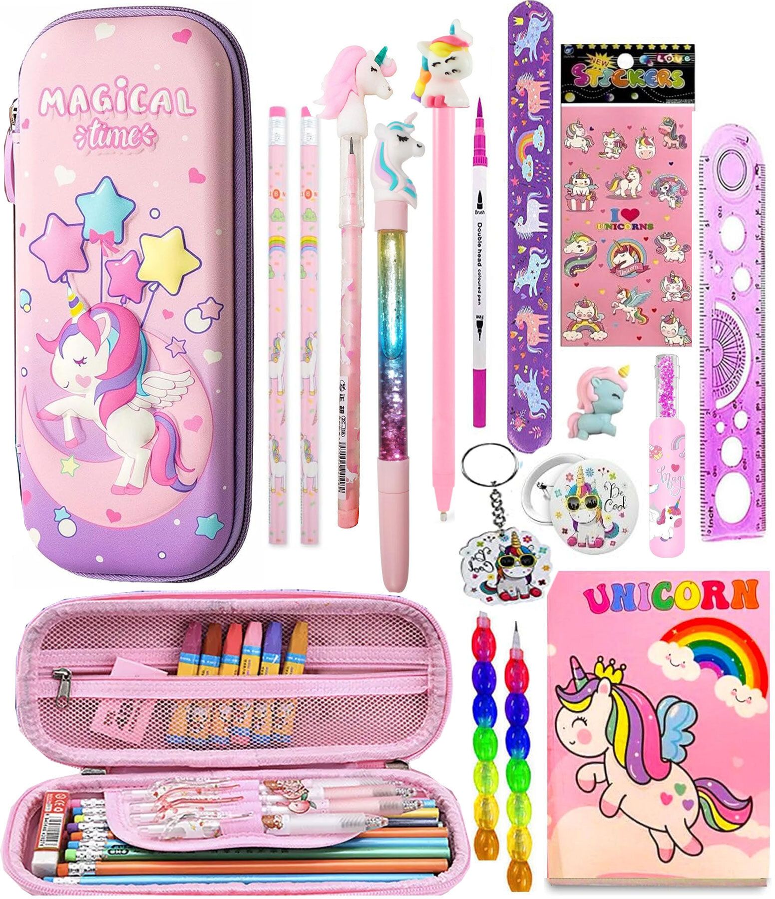 Unicorn Stationery Return Gift Set for Girls 18-PCS Pencil Case Combo with Pen| Pencils|Erasers|Ruler & Notebook Cute School Supplies for Kids Birthday Gift set Art Polyester Pencil Box