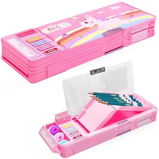 Quality Multi Compartment Button Operated Cat Pencil Box For Kids Unicorn Art Plastic Pencil Box-image-45