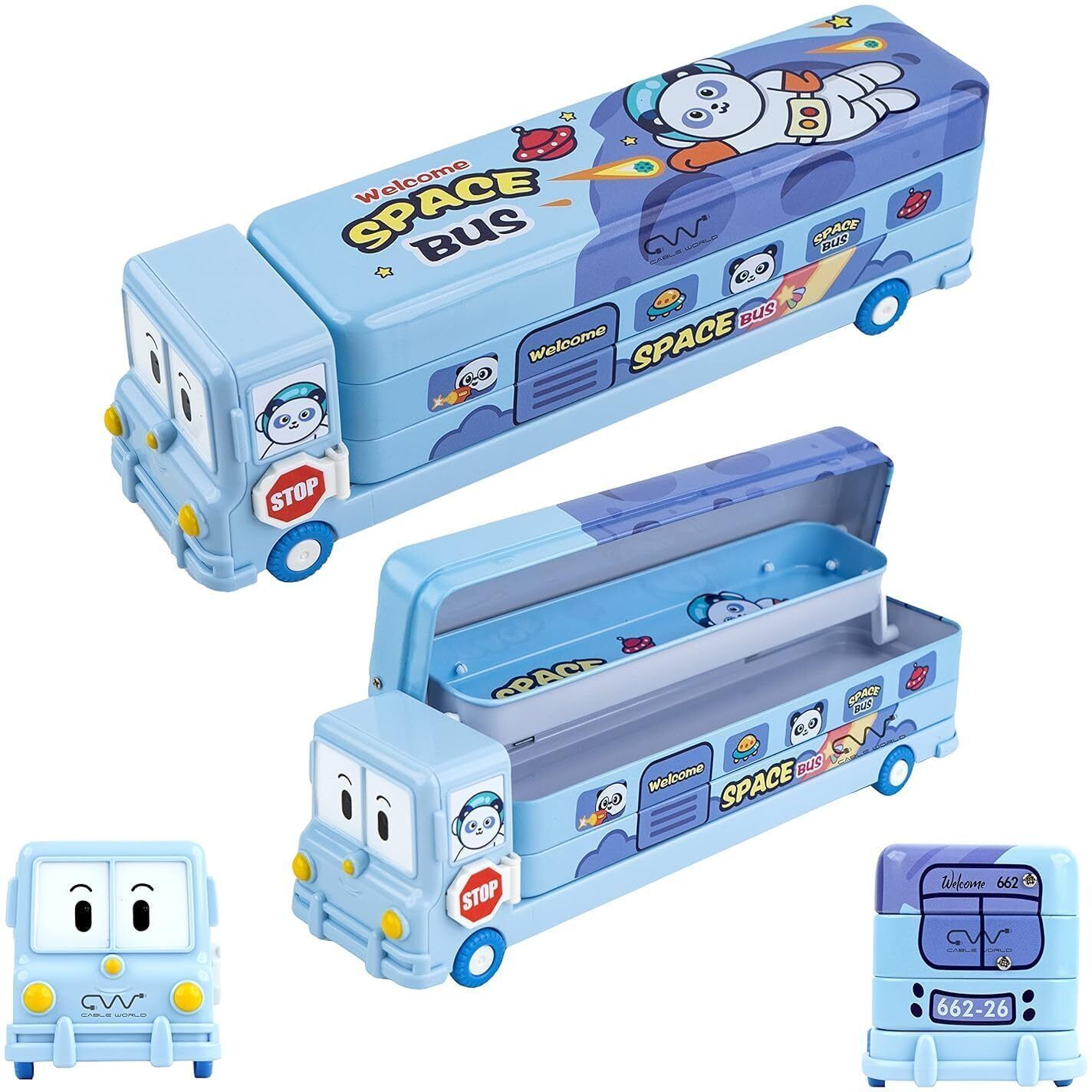 Kids' Magic Space Bus Pencil Box with Moving Tyres and Built-In Sharpener School Geometry Box in Bus Shape for Boys & Girls Art Metal Pencil Box-image-44
