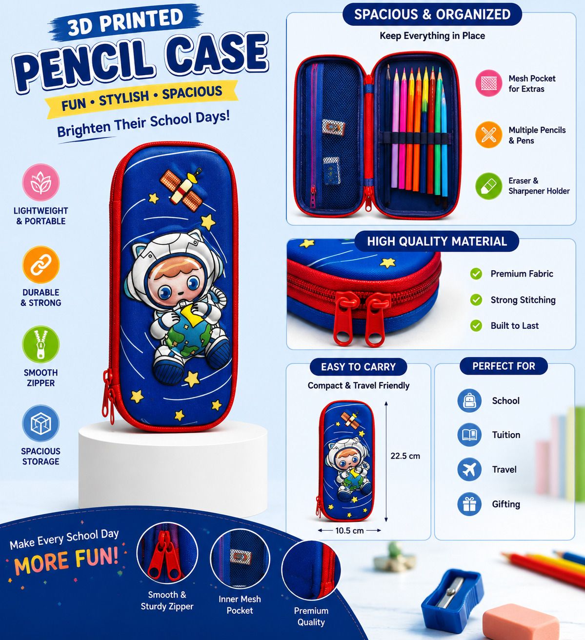 Blue Pencil Pouch for Boys Space, Universe Art EVA Pencil Box-image-4