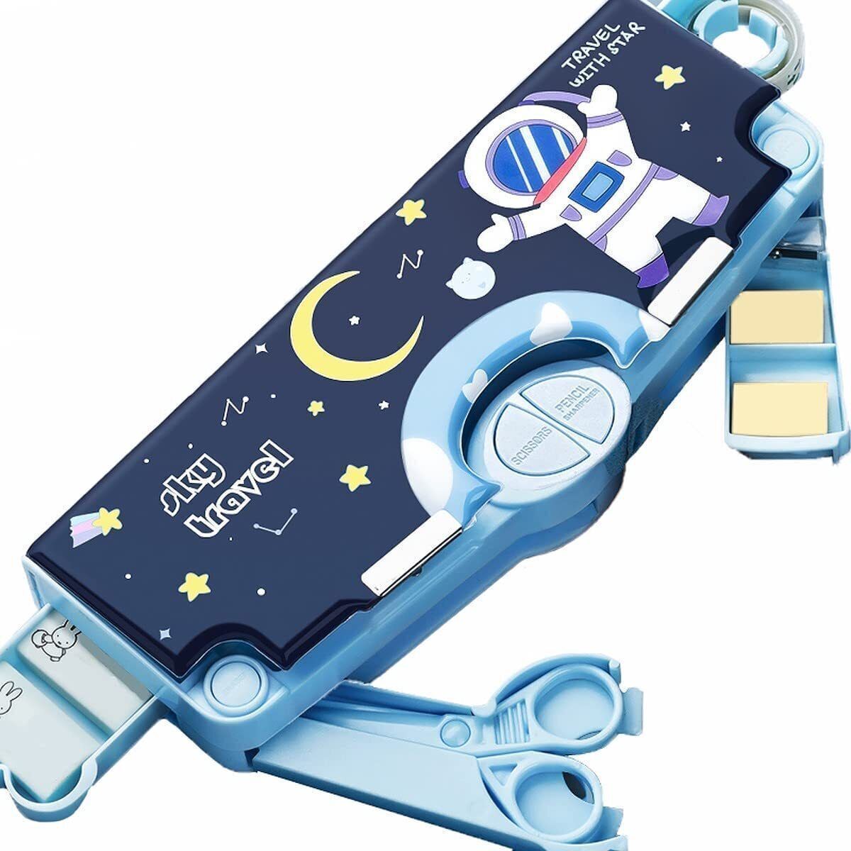 SPACEMAN ASTRONAUT THEME MULTI LAYER MULTIPLE BUTTONS PLASTIC COMPASS BOX Art Metal Pencil Box-image-2
