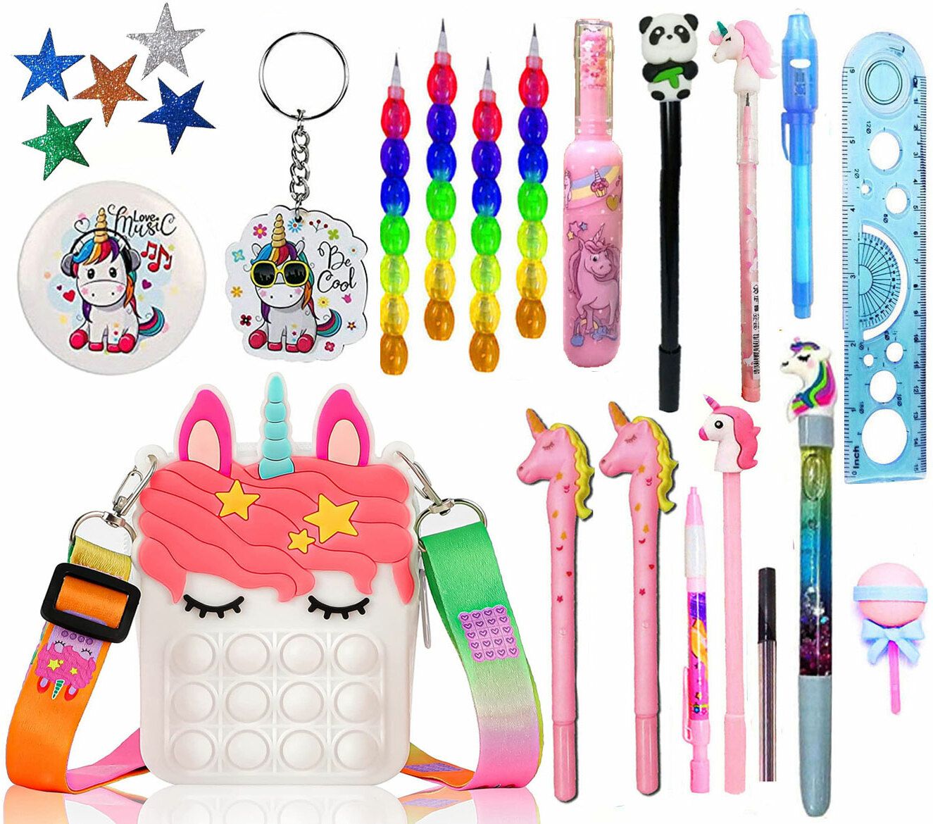 titirangi Pack of 24 Pcs Combo of Unicorn Stationery Gift for Kids Pop It Bag for Kids Pop It Fidget Toy Pop It Bag for Girls with Pen,Pencil & Stationery Item Return Gift Art Canvas Pencil Box-picture-10