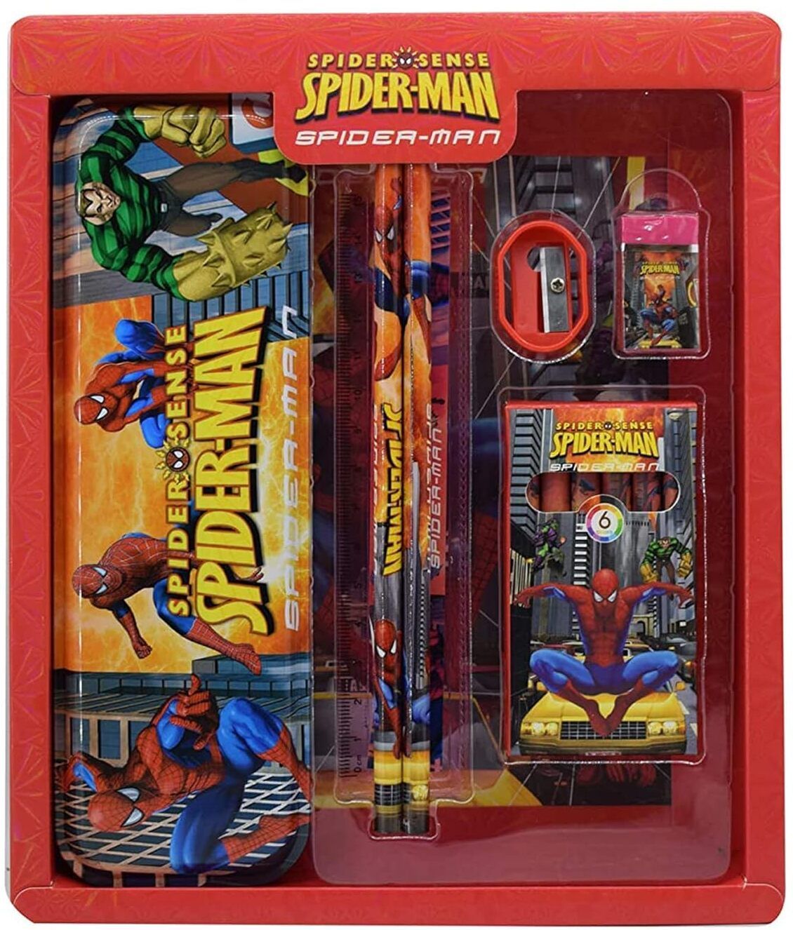 Stationery Kit Set for Boys 6 in 1 Cartoon School Items for Kids-Pencil Box Colour Set,Pencil,Eraser.Scale&Sharpener-Birthday Return Gifts for Children's Art Plastic Pencil Box-image-3