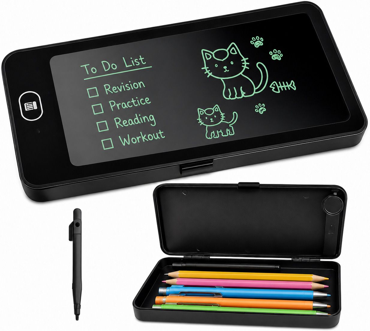 2-in-1 LCD Pencil Box Reusable Writing Pad, Safe for Eyes, with Stylus, Erase Button & Battery Art Plastic Pencil Box-image-13