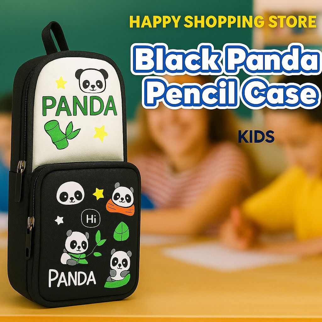 happy shopping store Black Panda Kids Pencil Case | Large Capacity 2-Layer School Pouch | Durable Zip Closure | Cute Cartoon Design for Boys & Girls Art Artificial Leather Pencil Box-picture-29