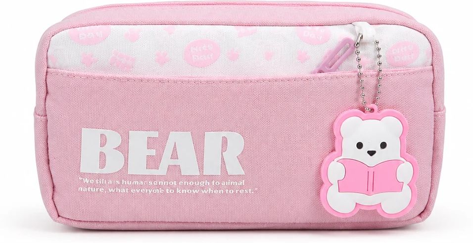 Zipper Pencil Case - Organizer Pouch for School, Office & Daily Use for Students Hanging Cute Pink Bear Art Polyester Pencil Box-image-44