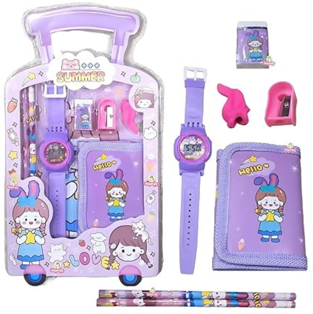 1 watch ,eraser , sharpener, Purse,2 pencils Barbie, Hello kitty, Mickey mouse, Spiderman Art Plastic Pencil Box-image-7