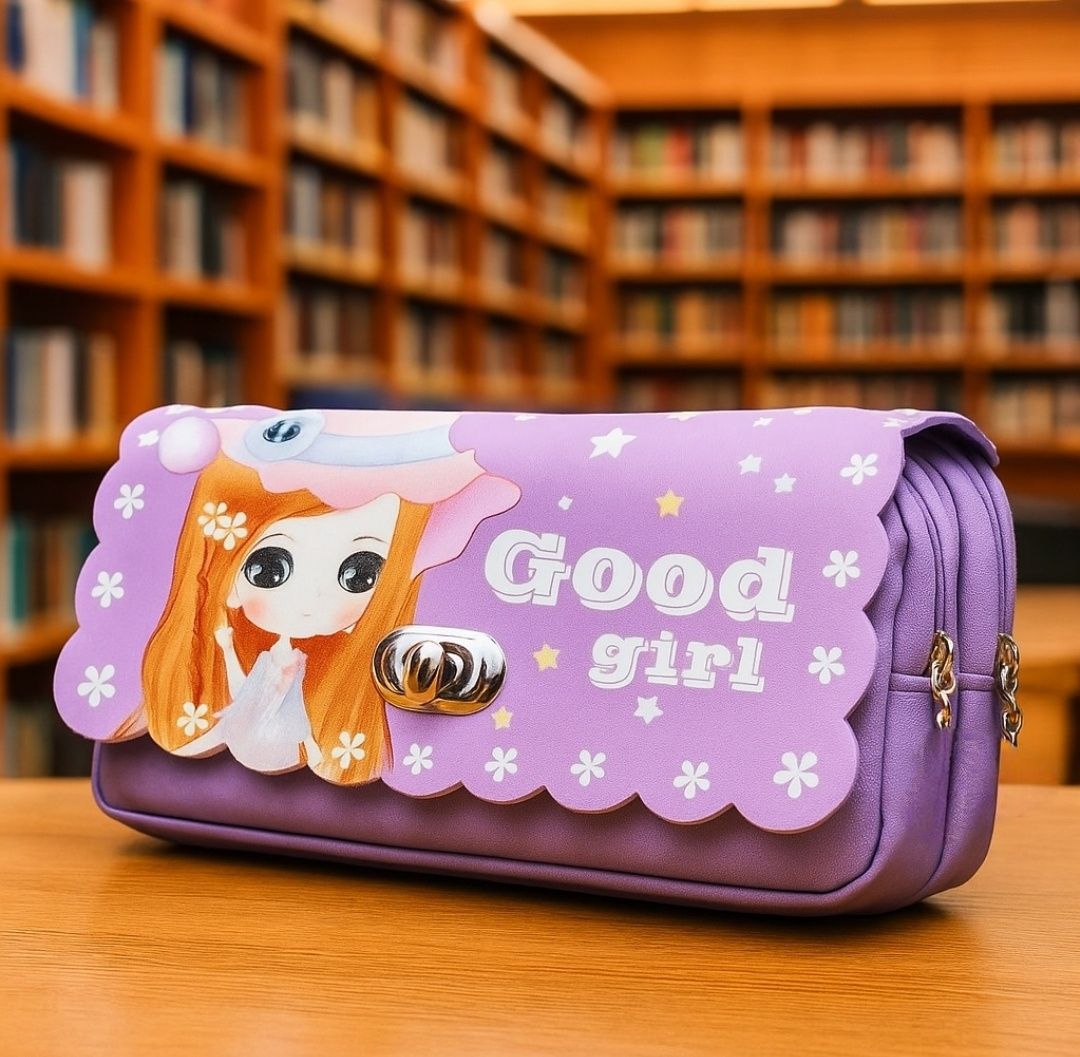 Good girl purple pencil case for school students for organizing stationeries Printed Art Artificial Leather Pencil Box-image-38