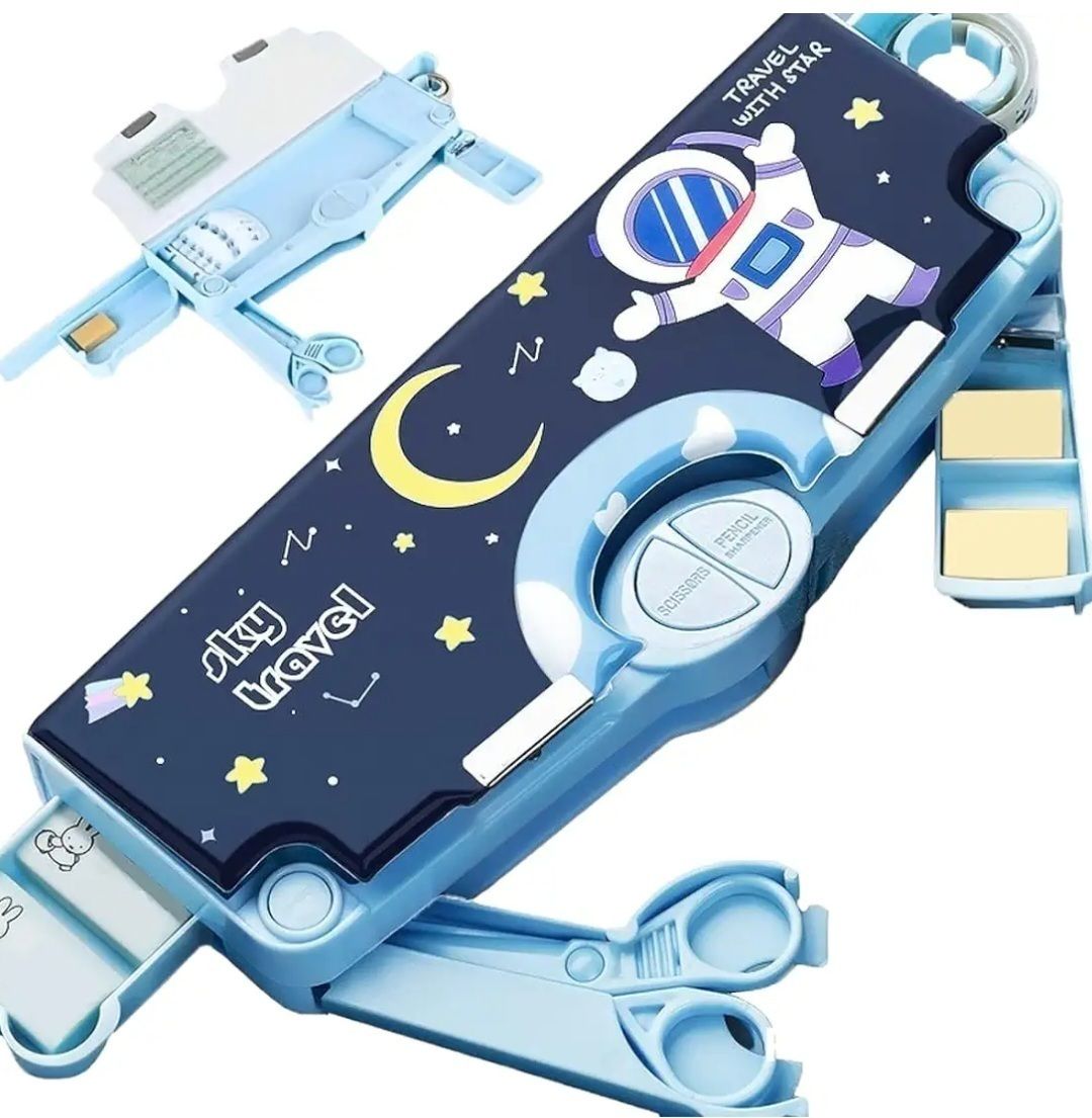 Space Theme Buttons Operated Magnetic Pencil Stationery Box (with Accessories) Space Theme Trending Return Gift Geometry Compass Box for School Students Art Plastic Pencil Box