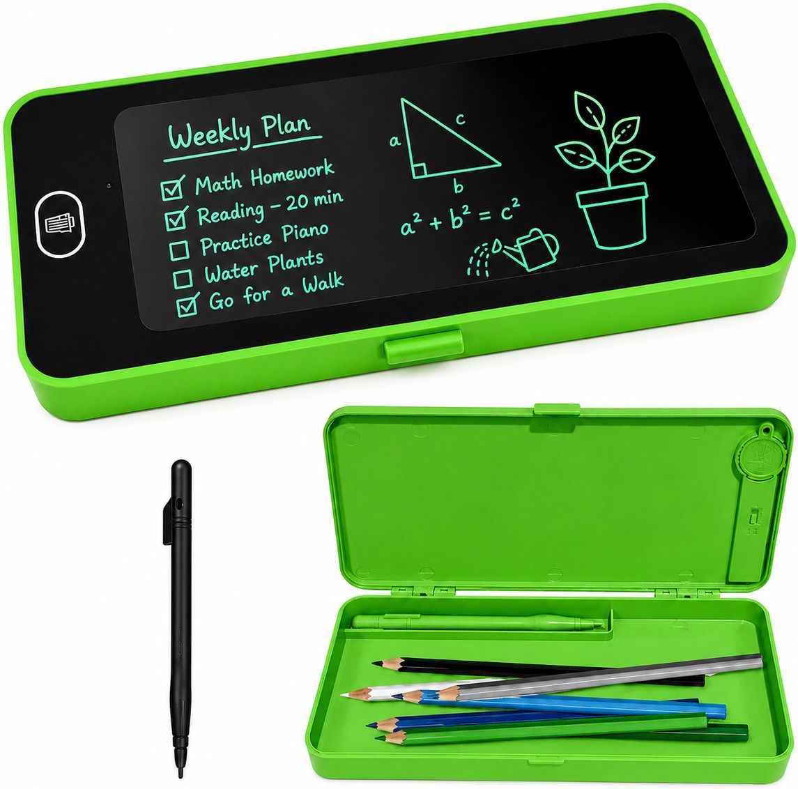 2-in-1 LCD Pencil Box Reusable Writing Pad, Safe For Eyes, With Stylus Pen, Erase Button & Battery Art Plastic Pencil Box-image-12