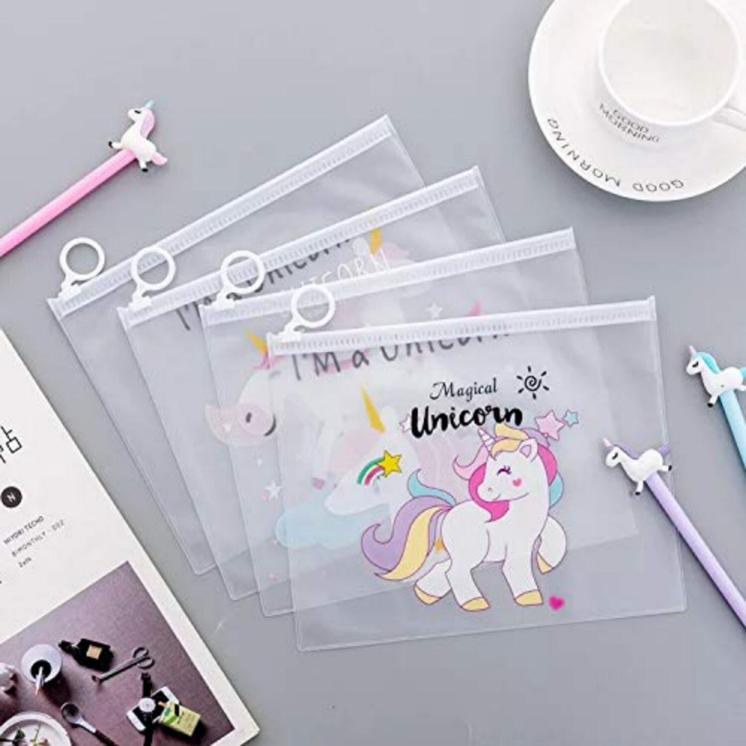 Transparent Stationary Pouch Unicorn design | Birthday return Gifts Pack of 4 Unicorn Art Plastic Pencil Boxes-image-46