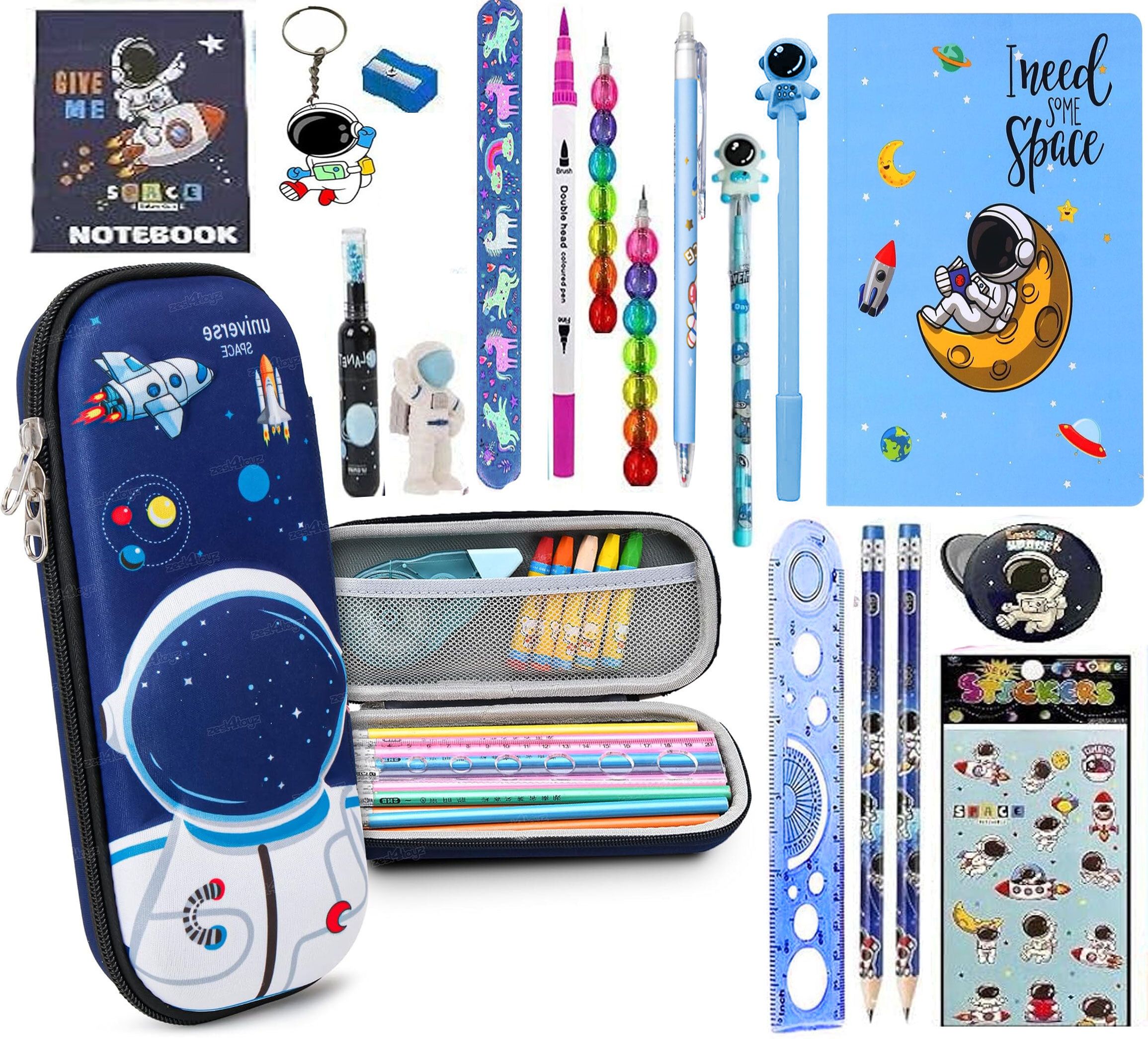 neel Space Stationery Return Gift Set for Boys 18-PCS 3D Pencil Case Combo with Pen| Pencils|Erasers|Ruler & Notebook Cute School Supplies for Kids Birthday Gift set Art Polyester Pencil Box-picture-31