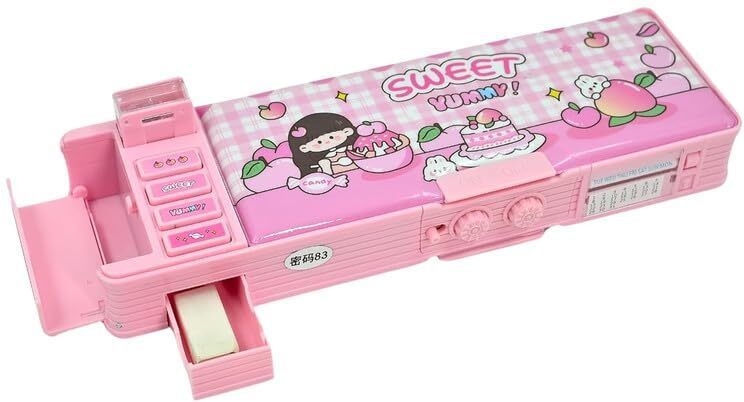 Presents Fancy & Attractive Compass Box For Kids & Students To Store Their Stationery, 2-Side Password Lid Lock, Pink Yummy Tea Party Theme, MS23 Art Plastic Pencil Box-image-46