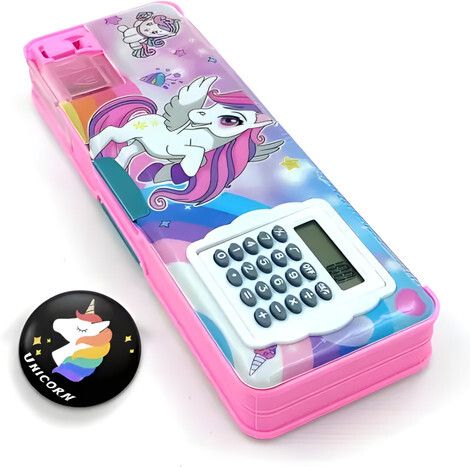 trendy one Unicorn Theme Vibrant Pink Color With Attractive Badge Trendy Designed Compact and Portable Magnetic Pencil Box with Calculator and Sharpener for Girls & Boys Art Plastic Pencil Box-picture-11