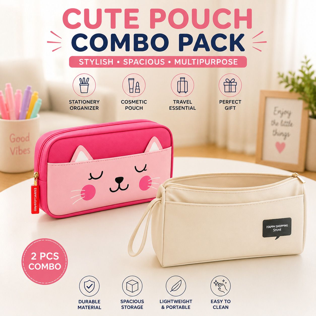 Cute Pouch Combo Pack for Girls & Women Multipurpose Cosmetic & Stationery Organizer Pouches Art Artificial Leather Pencil Boxes-image-2