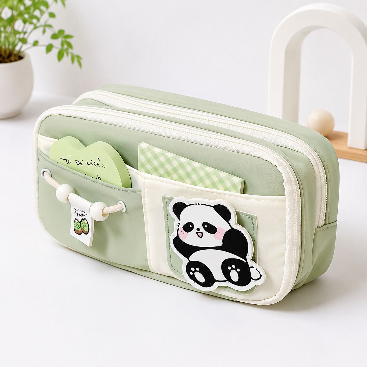 Panda Buddy Study Collection Panda Print, Cartoon Design, Cute Patch, Gingham Pocket, Heart Sticky Note Holder Art Polyester Pencil Box-image-21