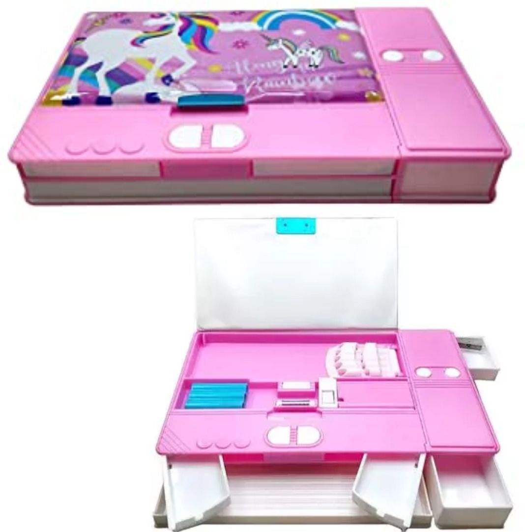 fusion fly NA NEW UNICORN THEME JUMBO GEOMETRY IN PINK FOR KIDS Art Plastic Pencil Box-picture-26