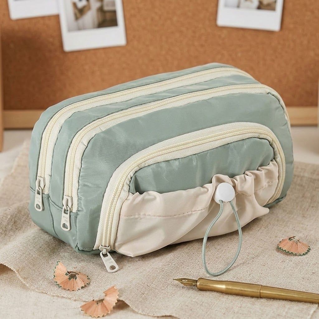 krisheet Pencil Pouch for Girls -Multiple Compartment Zipper Pouch With Drawstring Pocket NATURE Art Canvas Pencil Box-picture-3