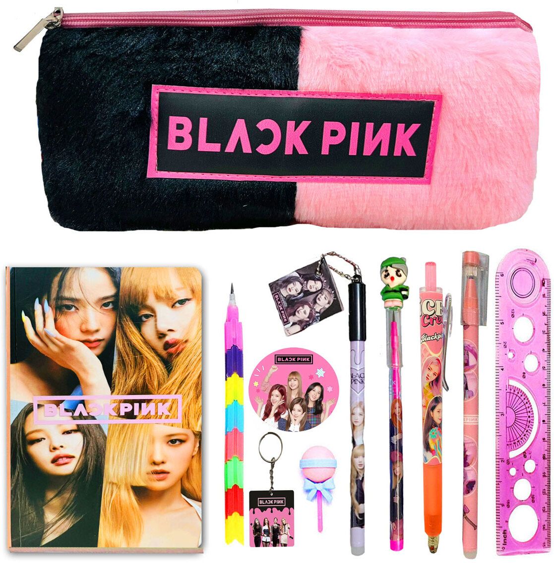 Black Pink Stationery Gift Set for Kids 11 pcs Black Pink Theme Double Pocket Pencil Pouch &All Stationery BTS Collection BlackPink Pencil Pouch Case for Kids Art Canvas Pencil Box