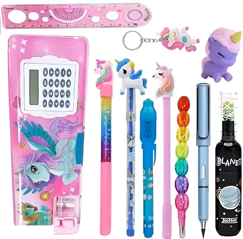 Unicorn Calculator Pencil Box Combo – 11 Pcs Stationery Set with Unicorn Pencil School Supplies for Kids & Girls Art Polyester Pencil Box-image-45