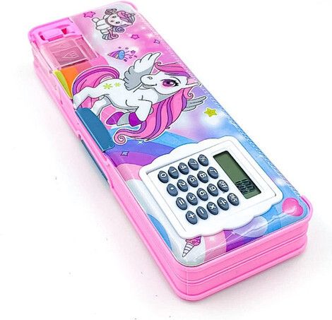 Unicorn pencil box combo for kids Cool and Cute Design Magnetic Pencil Box with Calculator and Sharpener Art Plastic Pencil Box-image-12