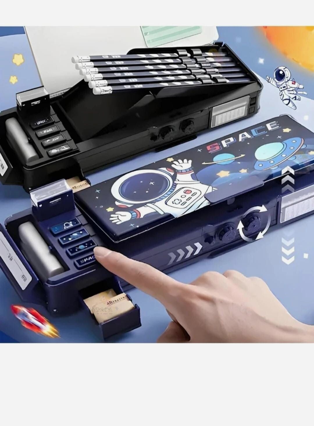 Multifunctional Space Lock Compass Box for Kids Password Lock Compass Box BLACK Space Astronaut Art Plastic Pencil Box