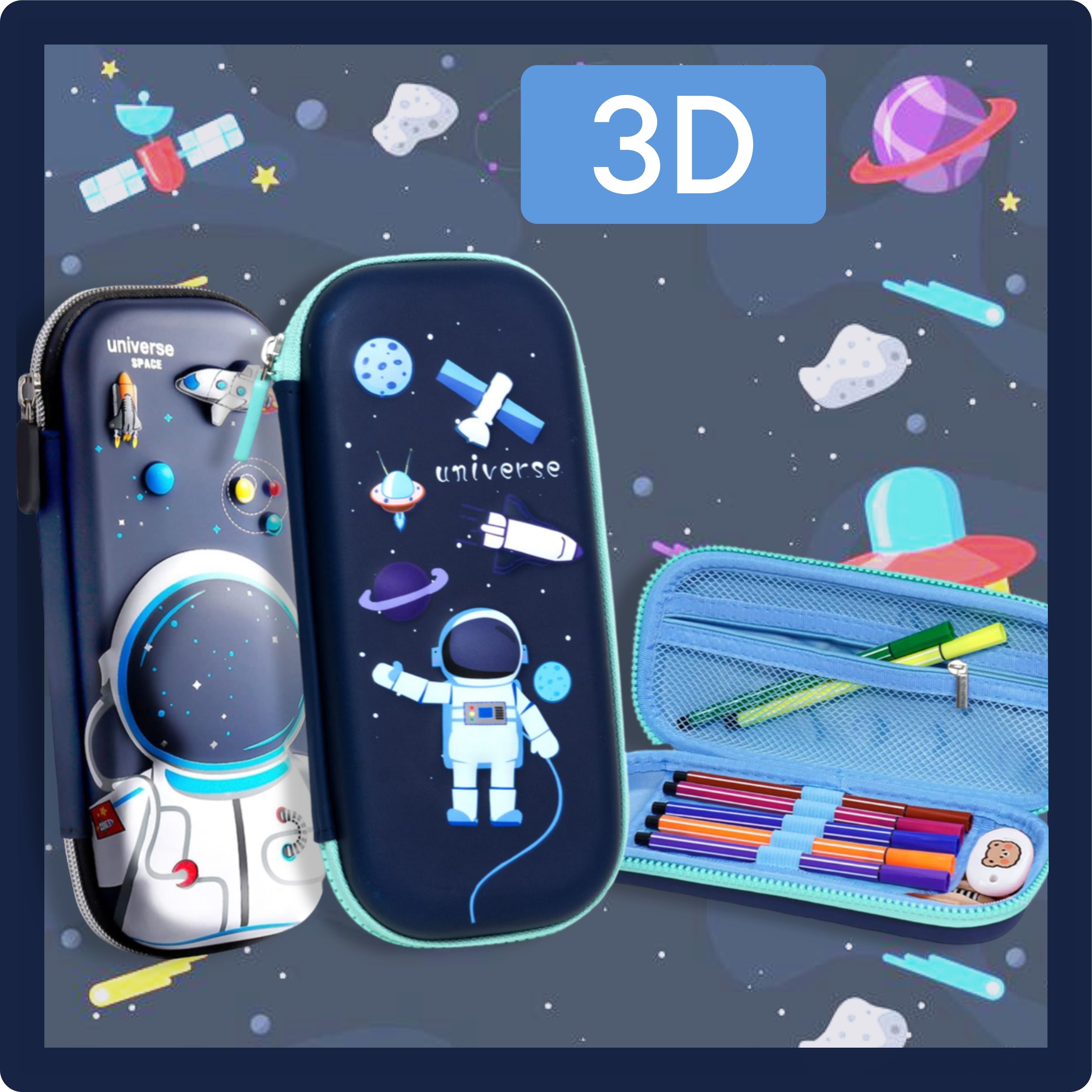 peacora Bag Compass 3D Cover EVA School Pouch Organizer for Student Kids Premium Stylish Space Astronaut Theme Pencil Case Large Capacity Pencil Pouch Art Canvas Pencil Box-picture-14