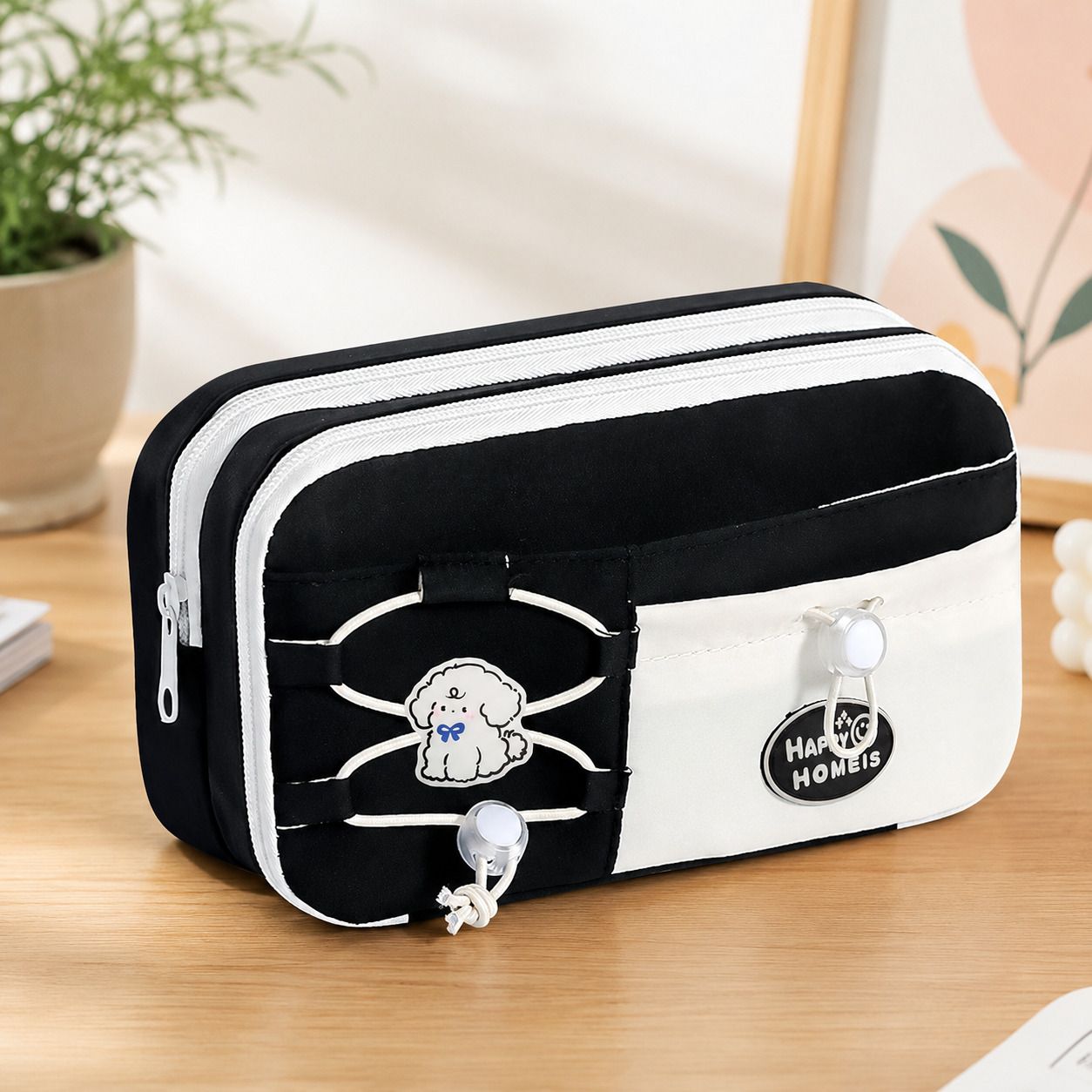 Nice Day Black Aesthetic Collection Cartoon Print, Puppy Design, Elastic Strap Detailing, Cute Print Art Polyester Pencil Box-image-15