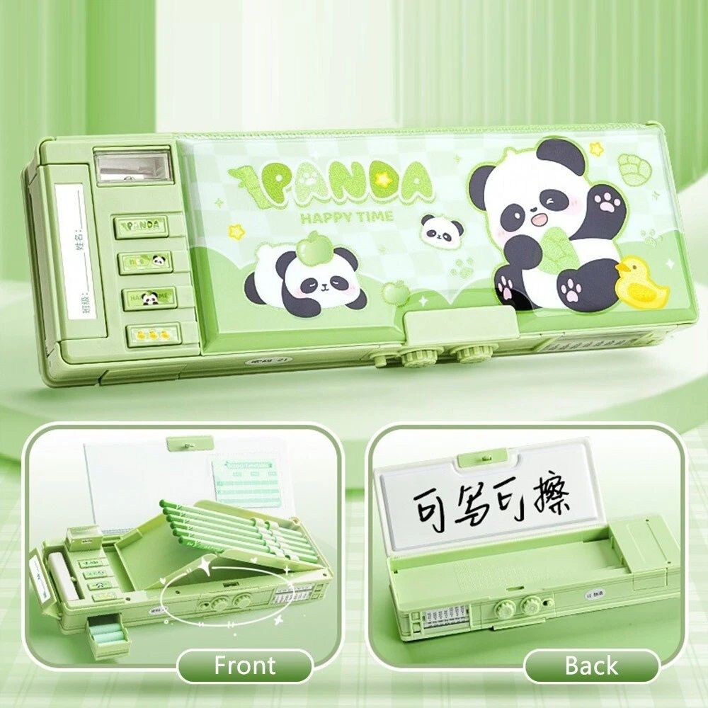 Panda Double Sided Pencil Case for Children, Departments, Special Buttons Geometry Box-image-35
