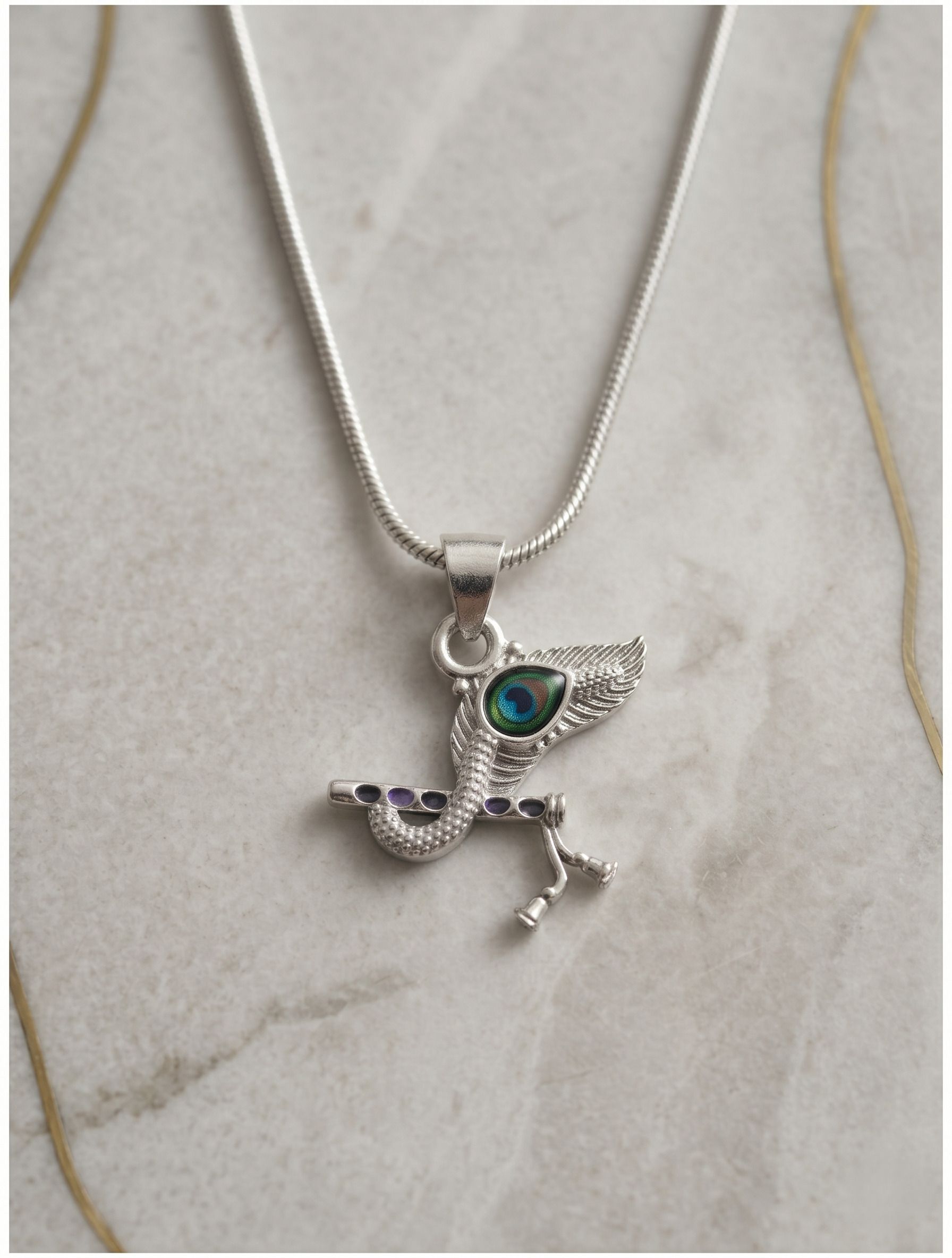 Sterling Silver Lord Krishna Flute & Peacock Feather Pendant with Snake Chain Opal Sterling Silver Pendant-image-3
