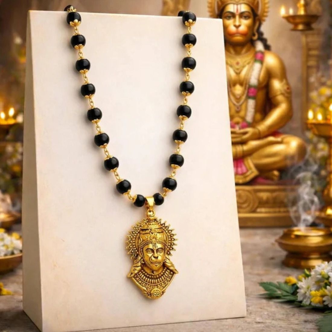 aaradhyam Karungali with Hanuman Kavach Pendant | Gold-plated Plated Wood Necklace Gold-plated Beads Wood Pendant-picture-27