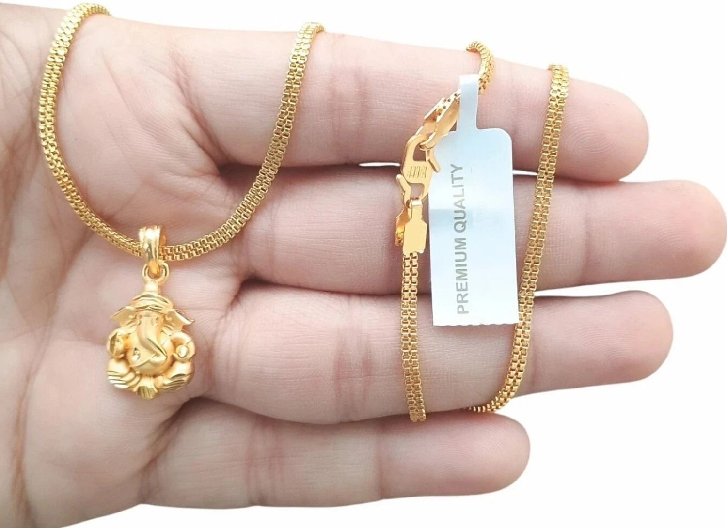 Ganpati ji Gold locket with 2 line Gold plated chain Gold-plated Brass Pendant-image-0