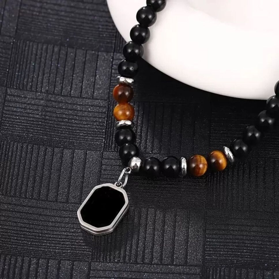 Black wood pearl beaded necklace pendant for men and boys Silver Stainless Steel Pendant Set-image-33