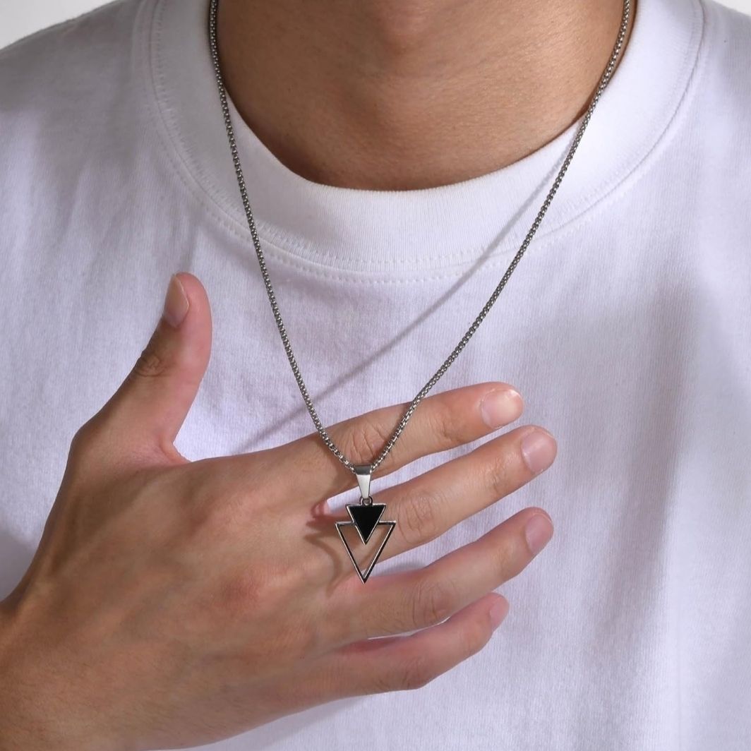 Geometric Traingle Silver Pendant with chain Silver Alloy, Stainless Steel Pendant Set-image-3
