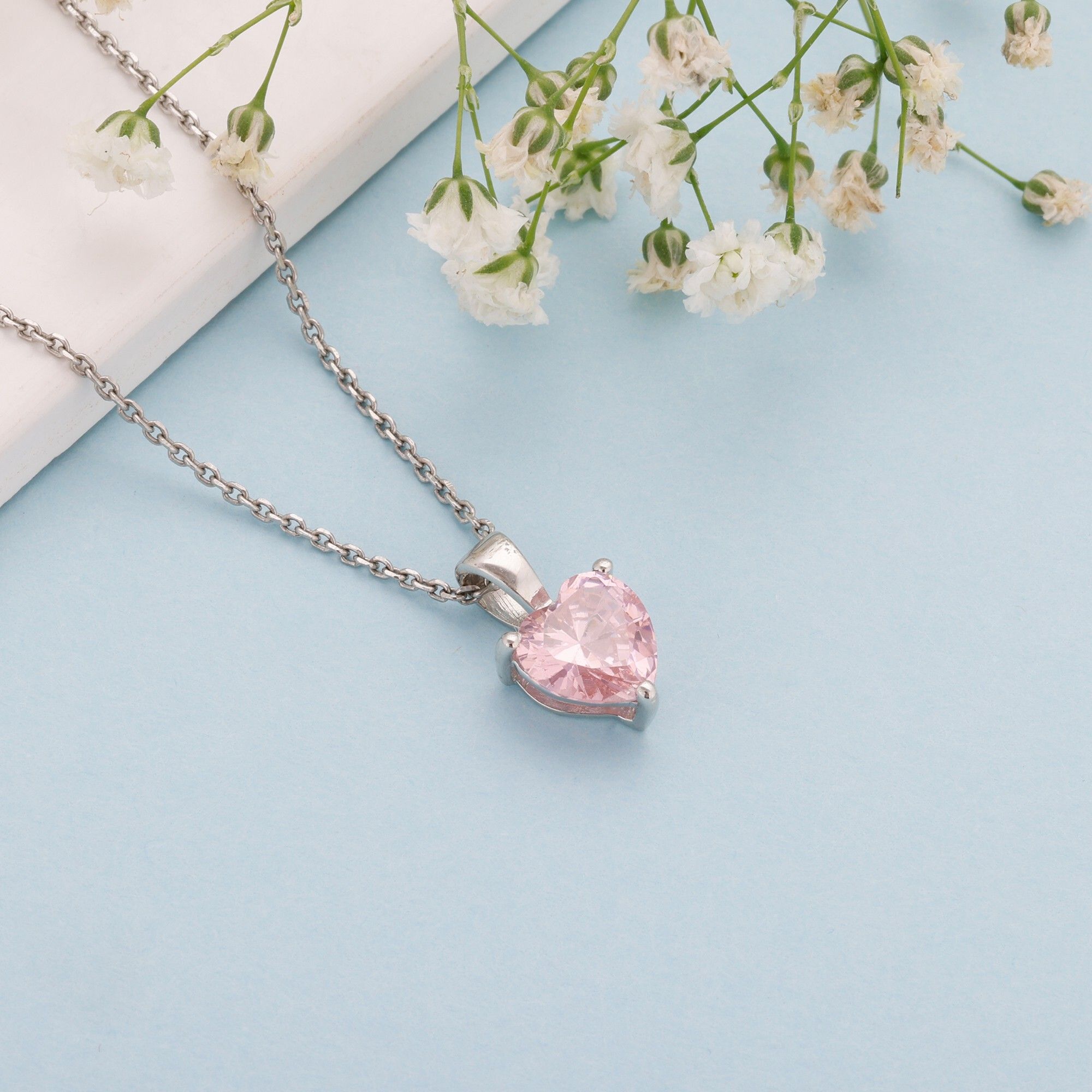 925 Silver Pink Heart Pendant with Link Chain|Lifetime Plating|6 Month Warranty Rhodium Zircon Sterling Silver Pendant-image-41