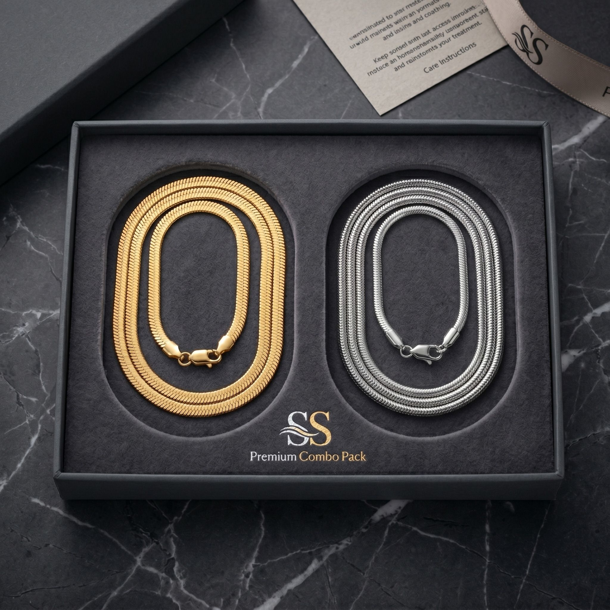 FLB Combo Pack - 1 Gold Flat Chain & 1 Silver Snake Chain for Men, Women & Girls Gold-plated, Silver Stainless Steel Pendant-image-24