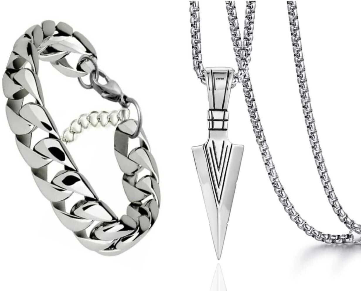 Silver Arrow Pendant Heavy Chain & Silver Plated Bracelet Stainless Steel Silver Stainless Steel, Alloy Locket-image-4