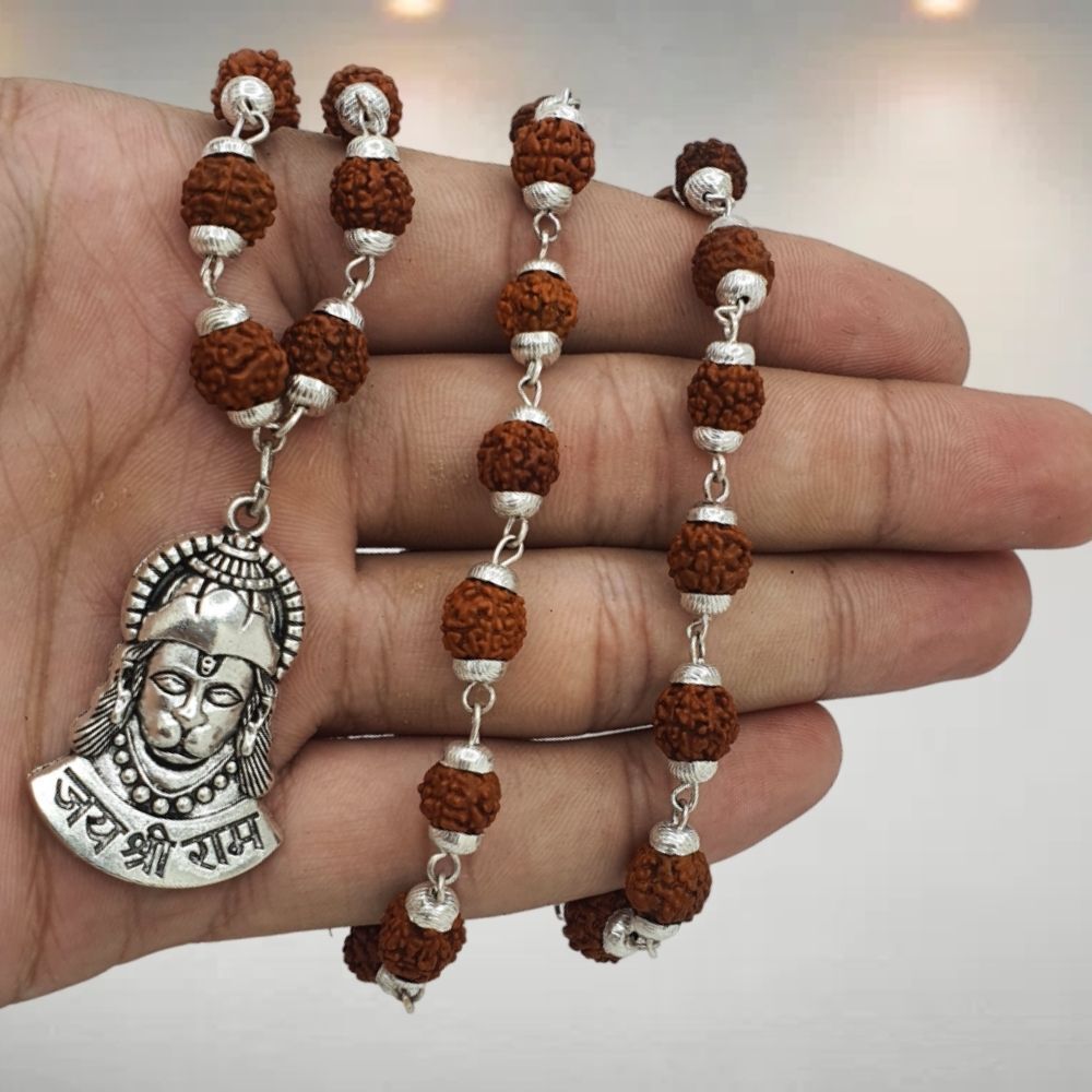 kuttumb gems & jewels Unisex Hanuman Ji Pendant With Rudraksha Mala For Men Women Boys Girls Silver Beads Brass, Wood Locket-picture-25